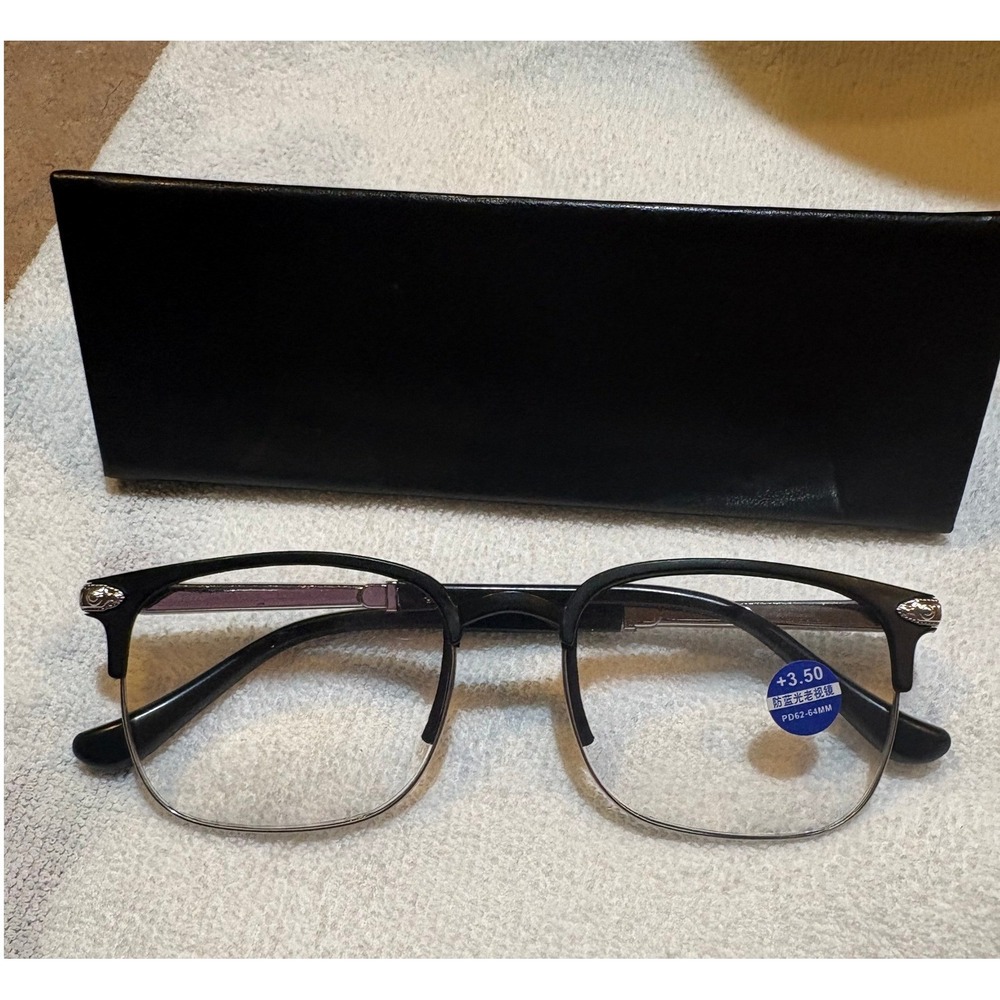 Black Browline Reading Glasses +3.50 Blue Light Blocking Silver Detail with Case